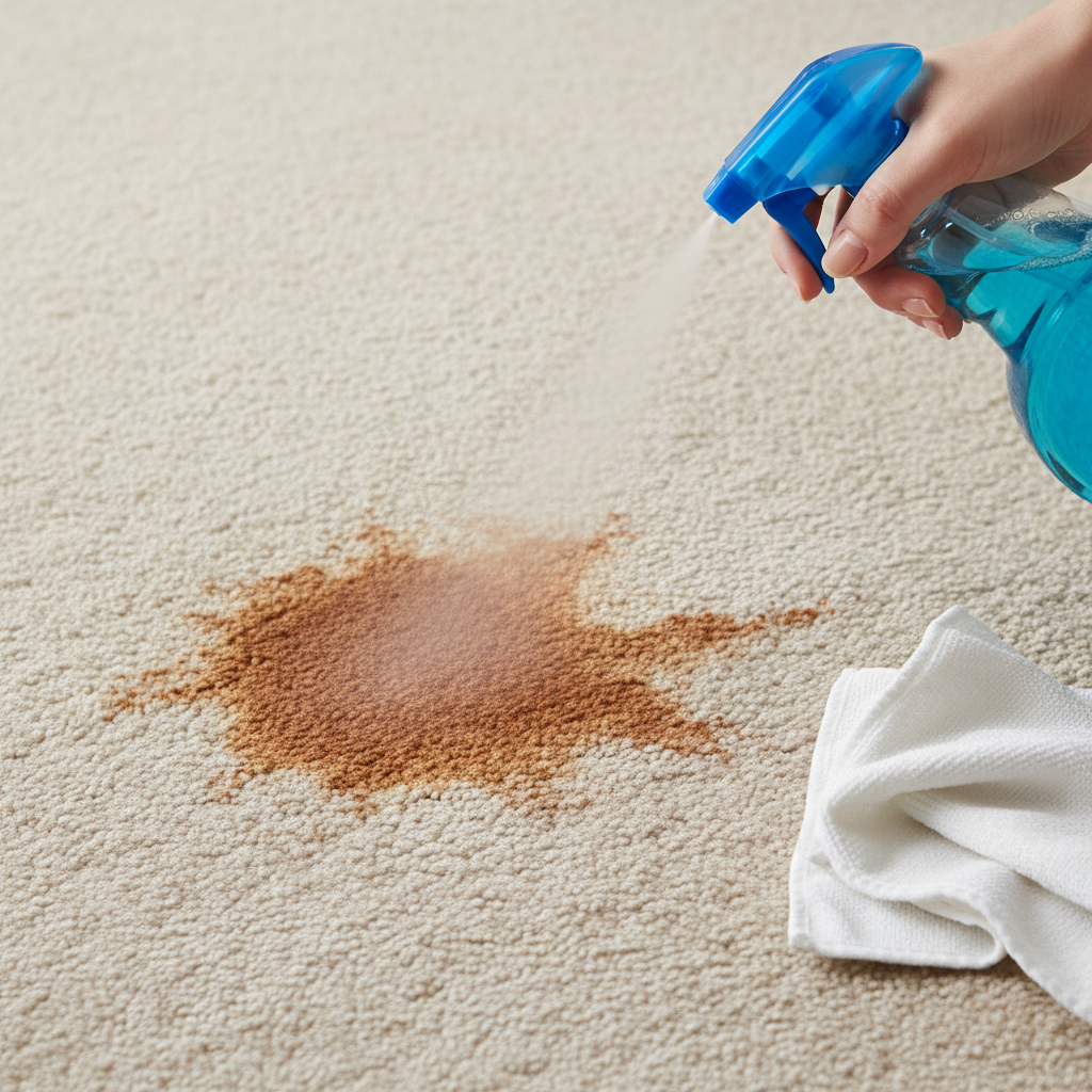 A vibrant, professional close-up photo of a hand holding a blue spray bottle of glass cleaner, directing a fine mist onto a prominent, fresh stain on a light-colored, plush carpet. Part of the stain should visibly be breaking down or fading where the cleaner has been applied, contrasting with the untouched, stained area. A folded, clean white microfiber cloth is gently placed beside the treated spot. The focus is on the action of cleaning and the beginning of the stain's removal, conveying immediate effectiveness.