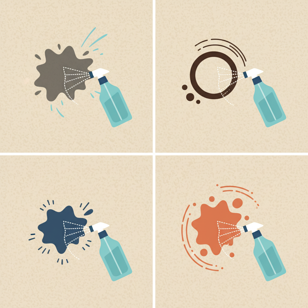 An engaging, clean flat illustration depicting a conceptual overview of various stain types being tackled by glass cleaner on a carpet. The image is divided into a grid or several distinct zones. Each zone showcases a small, stylized representation of a common carpet stain (e.g., a grease splatter, a coffee ring, an ink blob). Adjacent to these stains, a simplified bottle of glass cleaner or a visual representation of its cleaning power is shown, with subtle lines or arrows indicating the dissolving action. The overall impression is one of versatility and effective stain removal.