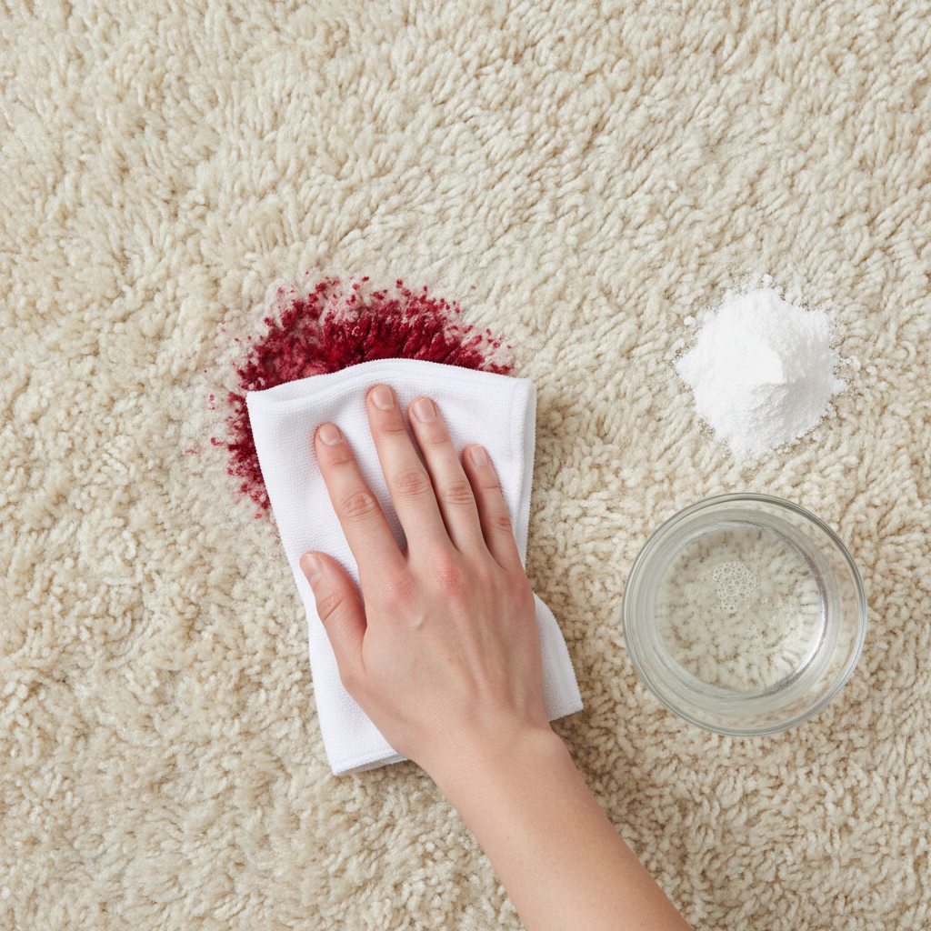 A close-up, top-down professional photo showing a human hand, gently dabbing a fresh, vibrant red wine stain on a light beige, plush carpet. The hand holds a clean, white microfiber cloth, carefully absorbing the liquid from the stain. Nearby, a small bowl containing a clear liquid (representing a cleaning solution) and a small pile of white powder (representing baking soda) are visible on the carpet. The scene emphasizes the delicate, non-rubbing technique for effective stain removal, highlighting the process of lifting the stain without spreading it.