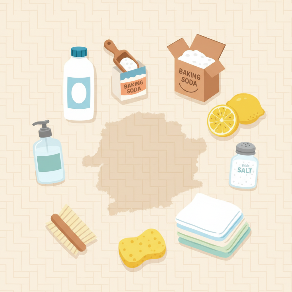 A charming flat illustration showcasing a collection of common household items strategically arranged around a subtly stained patch of a generic, woven carpet texture. The items include a bottle of white vinegar, an open box of baking soda with a scoop, a small bottle of clear dish soap, a lemon cut in half, and a container of table salt. Complementary cleaning tools such as a soft brush, a sponge, and a stack of clean cloths are also artfully placed. The overall aesthetic should be clean, inviting, and convey a sense of natural, accessible solutions for carpet cleaning.