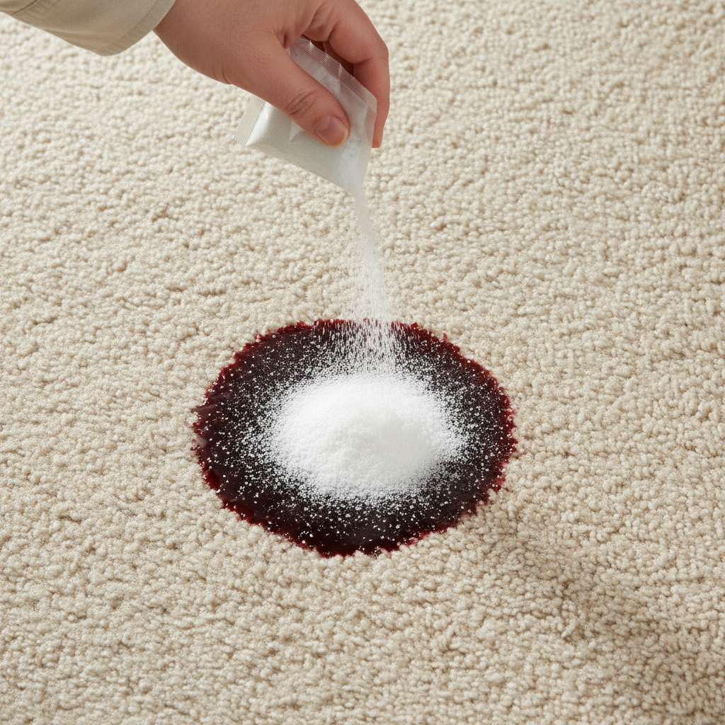A close-up, top-down professional photo showing a small, dark liquid stain (e.g., coffee or red wine) on a light-colored, short-pile carpet. A hand, appearing from the top edge, gently sprinkles a fine, white powder (representing Natron) directly onto the center of the stain, completely covering it. The surrounding carpet fibers are clean and clearly visible, emphasizing the contrast with the treated area. The lighting is bright and natural, highlighting the texture of the carpet and powder, suggesting a practical and immediate cleaning action.