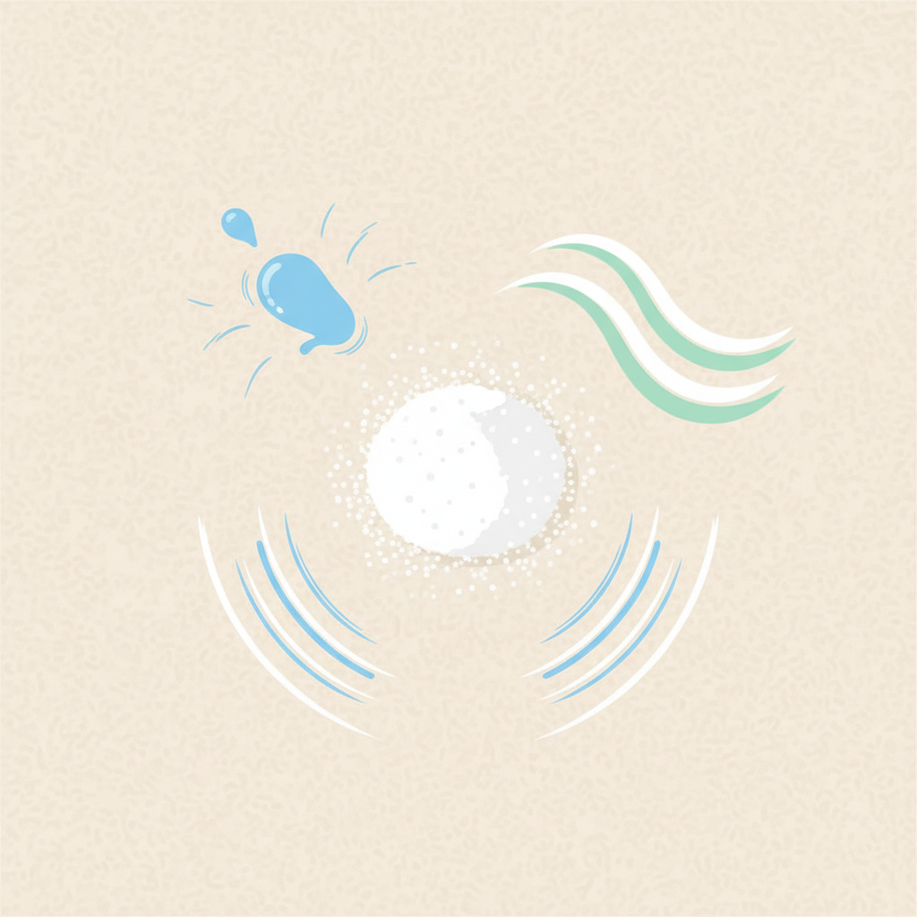 A clean, modern flat illustration depicting a small mound of white Natron powder at the center of a soft, light-beige carpet texture. Surrounding the Natron, abstract visual elements radiate outwards: a stylized droplet of liquid being absorbed, a subtle wave pattern indicating odor neutralization, and a gentle circular scrubbing motion represented by faint, clean lines. The color palette is fresh and inviting, using soft blues, greens, and whites to convey cleanliness, natural effectiveness, and a pleasant home environment.