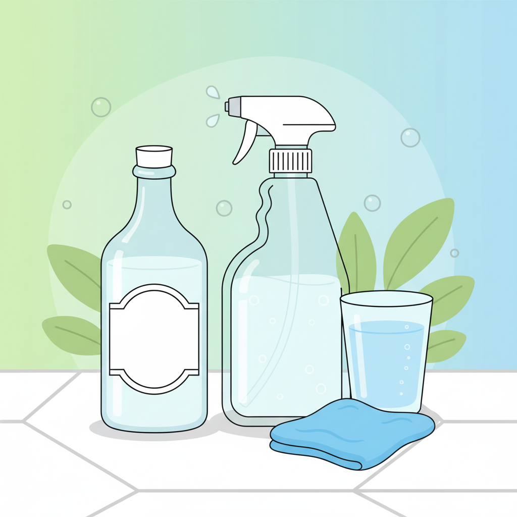 A vibrant, clean flat illustration showcasing the preparation of a natural cleaning solution. A clear spray bottle, filled with a light, transparent liquid, stands centrally. Beside it, a glass bottle of white household vinegar and a clear glass of water are positioned, suggesting a simple mixture. A soft, clean microfiber cloth is neatly folded nearby. The background is a clean, minimalist surface, emphasizing the key components for a homemade cleaning remedy. The style should be modern, friendly, and visually highlight the effectiveness and simplicity of the ingredients.