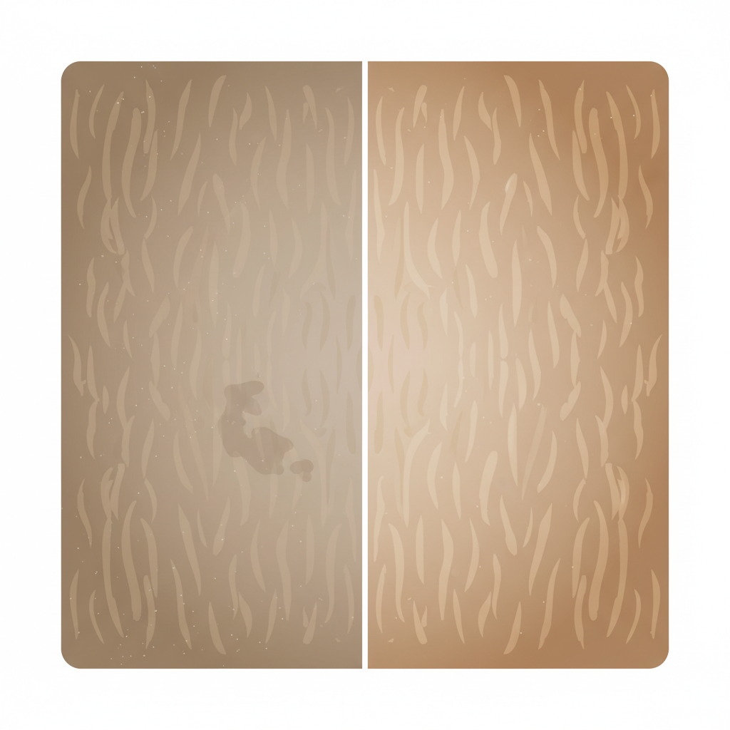 A compelling visual representation showcasing the dramatic difference professional carpet cleaning makes. On one side, a worn, muted brown-beige carpet section is covered with subtle dust particles and a faint stain, looking tired and dull. On the other side, the identical carpet section gleams with renewed vibrancy, its fibers upright and plush, radiating a clean, fresh, and inviting appearance. A subtle visual transition or a clear separation line divides the 'before' from the 'after'. This should be a clean, modern flat illustration with a slightly desaturated palette for the 'before' and a bright, inviting palette for the 'after', emphasizing revitalization.