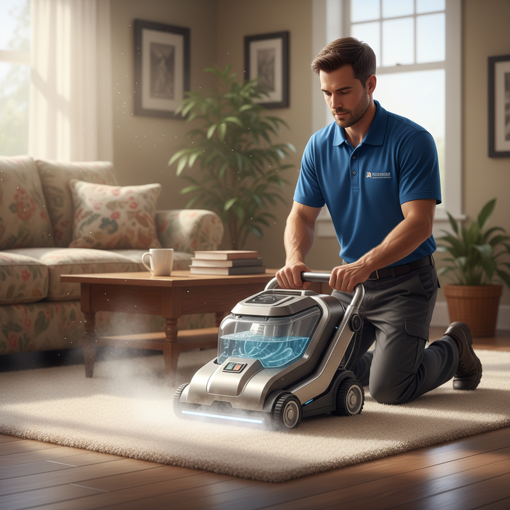 An illustrative scene depicting a professional actively cleaning a carpet in a home setting. A person, wearing neat, clean professional attire (e.g., a uniform shirt), is operating a sleek, modern carpet cleaning machine. Steam or a gentle cleaning solution mist is subtly visible around the machine, indicating its thorough operation. The carpet section being cleaned appears noticeably brighter and revitalized compared to the untouched, slightly duller areas. The background shows hints of a cozy, well-maintained living space, emphasizing the domestic context. Realistic digital painting style with a focus on cleanliness, efficiency, and expert care.