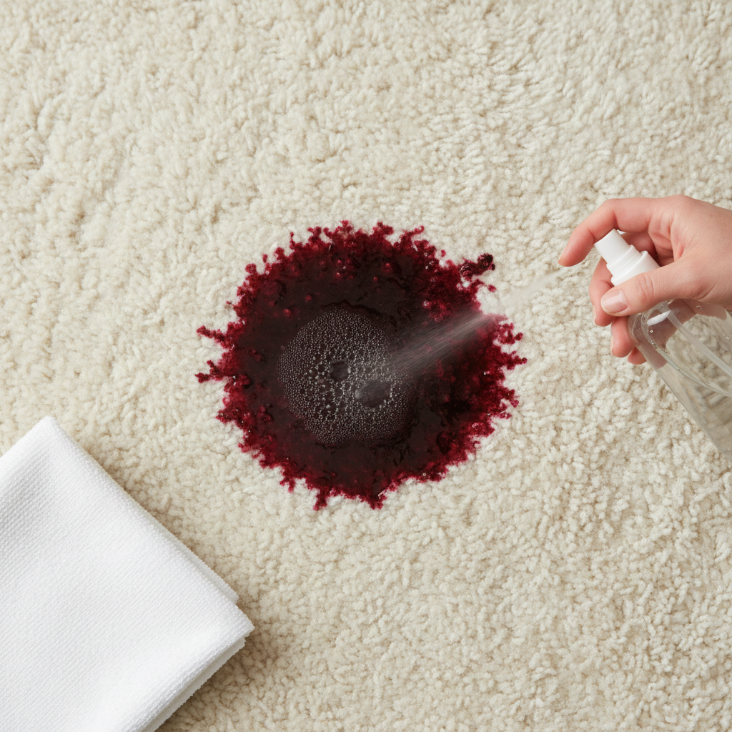 A close-up, top-down professional photo capturing a segment of a plush, light-colored carpet. A fresh, dark red wine stain is prominently visible on one area. A human hand, seen from the side, is holding a clear glass spray bottle filled with a transparent liquid (representing vinegar solution) and is actively spraying it onto the center of the stain, with visible mist droplets. A neatly folded, clean white microfiber cloth is positioned nearby, ready to blot. The image emphasizes the contrast between the stain and the clean carpet fibers, highlighting a practical, in-the-moment cleaning action.