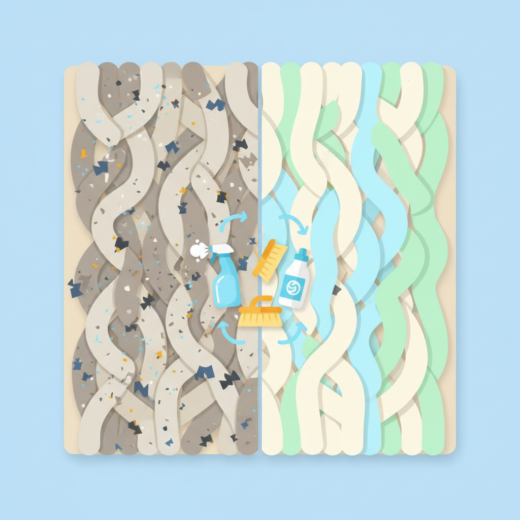 A modern, infographic-style flat illustration depicting a conceptual cross-section of a carpet. On the left side, the carpet fibers are shown entangled with small, abstract symbols representing dust, dirt particles, and microscopic allergens, illustrating deep-seated impurities. On the right side, the identical carpet fibers appear clean, vibrant, and neatly separated, symbolizing a thoroughly cleaned state. In the center, stylized icons of common cleaning tools – such as a spray bottle, a soft brush, and a generic bottle of cleaning solution – are arranged around the transition, visually explaining various methods that lead to the 'clean' side.