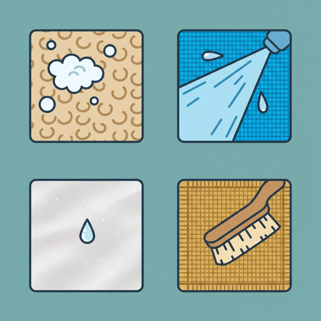 A vibrant, flat illustration depicting a visual guide to carpet materials and their ideal cleaning approaches. The image is divided into distinct sections, each showcasing a different carpet fiber texture: soft wool, durable synthetic, delicate silk, and coarse jute. Above or next to each carpet swatch, an appropriate symbolic cleaning action or agent is illustrated. For wool, gentle, foamy bubbles. For synthetic, a more robust spray. For silk, a tiny, precise droplet. For jute, a dry brush. The overall aesthetic is clean, informative, and visually engaging, emphasizing the correct pairing of material and care method without any words.