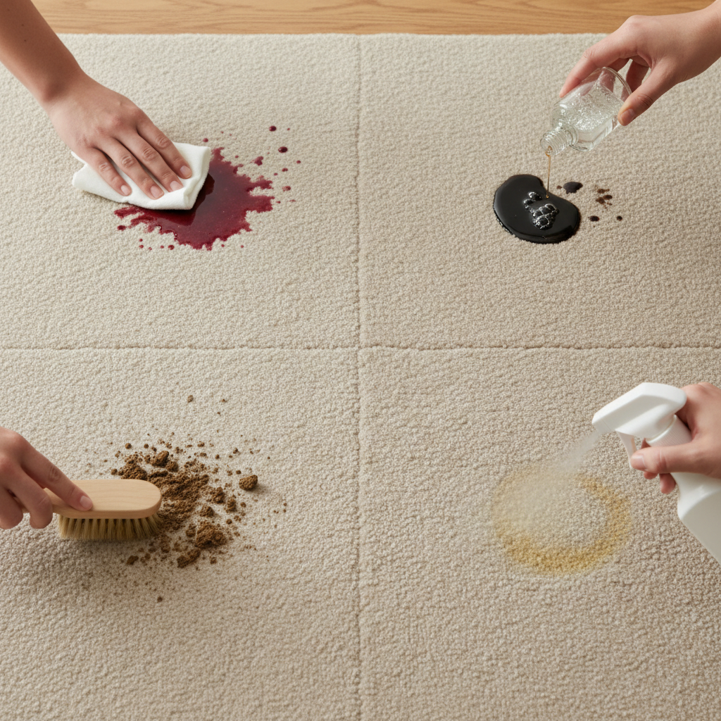 A dynamic, professional photo depicting a diverse range of common carpet stains and their appropriate cleaning solutions. The scene focuses on a neutral-colored carpet patch, displaying distinct, realistic stains such as a spilled red wine puddle, a greasy oil mark, dried mud splatters, and a subtle pet stain. Around each specific stain, a hand, a tool, or a symbolic cleaning product is shown in action: a gentle blotting motion for the wine, a specific solvent application for the grease, a soft brush for the dried mud, and a fine mist spray bottle for the pet stain. The composition is clean and focused, illustrating targeted stain removal techniques.