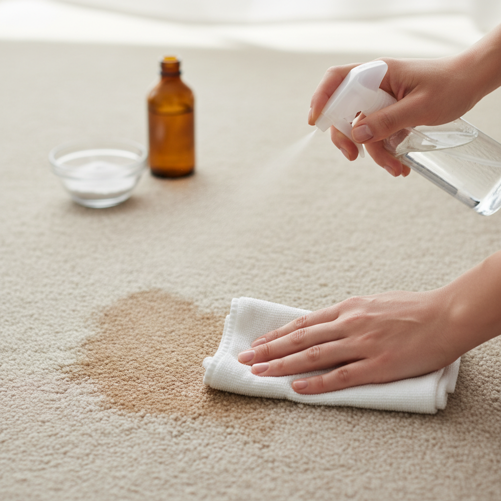 A top-down or slightly elevated view of a person's hands actively cleaning a common carpet stain. One hand holds a generic spray bottle, misting a clear, homemade cleaning solution onto a visible, light brown stain on a beige or light grey carpet. The other hand gently dabs the wet area with a clean, white microfibre cloth. Nearby, out of focus, a small glass bowl and a generic bottle hint at natural ingredients. The overall atmosphere is bright and practical, emphasizing a DIY approach to stain removal. Style: Detailed, high-quality professional photo with a shallow depth of field.