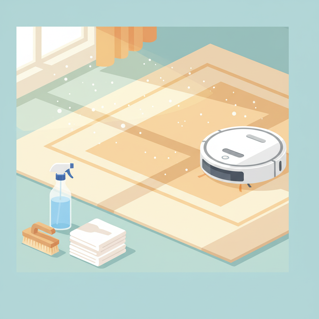 A vibrant, clean illustration depicting a segment of a cozy living room with a bright, freshly cleaned carpet as the central element. A generic, sleek vacuum cleaner is positioned neatly alongside the carpet, suggesting ongoing maintenance. Near it, a small collection of simple, recognizable household cleaning items are artfully arranged: a generic spray bottle, a soft-bristled brush, and a stack of folded white cloths. Sunlight streams into the room, highlighting the carpet's freshness and the overall inviting, healthy atmosphere. Style: Modern flat illustration with a soft color palette and clean lines.