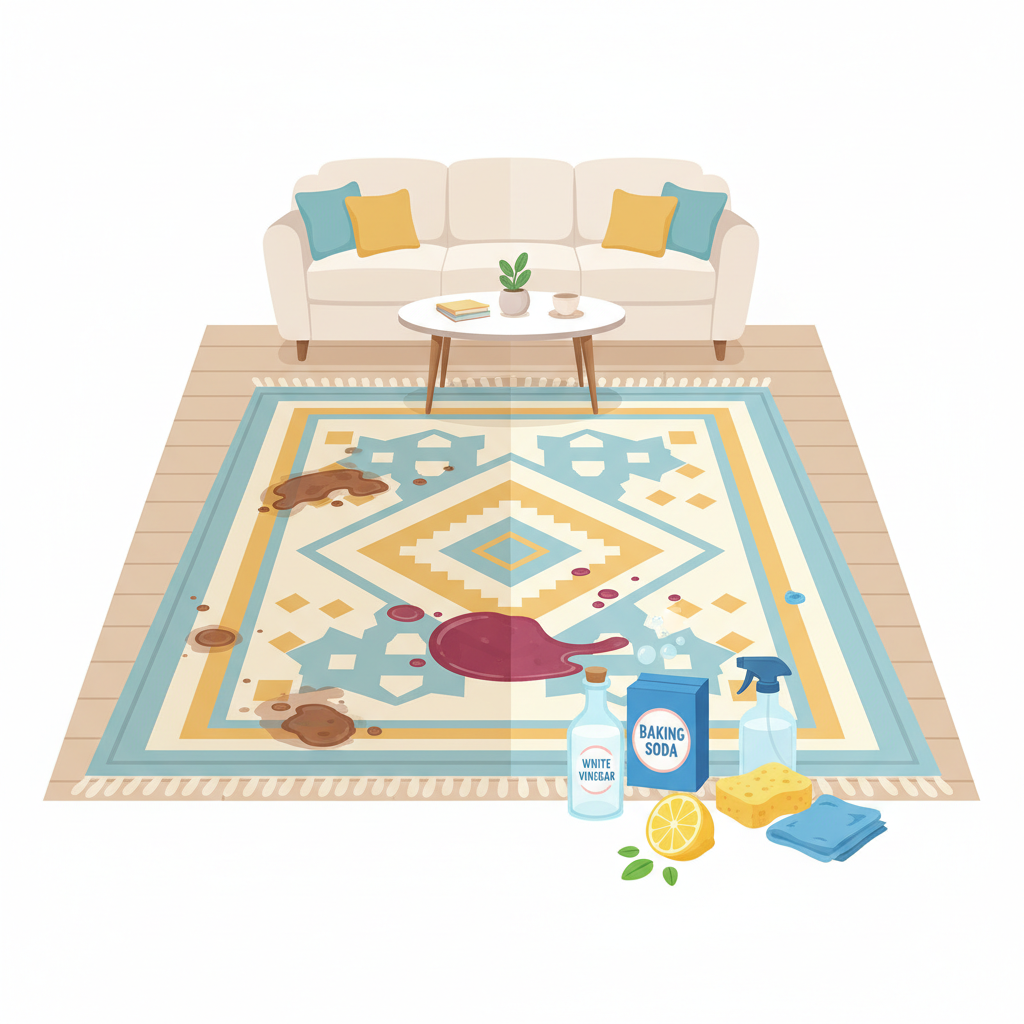 A bright, clean flat illustration showing a cozy living room scene. One side of a patterned rug is noticeably dirty with a few subtle stains (coffee, mud, red wine), while the other side is pristine and vibrant, with lifted fibers. Around the clean side of the rug, various common household items are neatly arranged, suggesting their use for cleaning: a white vinegar bottle, a box of baking soda, a lemon half, a small spray bottle, a clean sponge, and a microfibre cloth. The overall impression should be fresh, effective, and budget-friendly. The color palette should be inviting and soft.