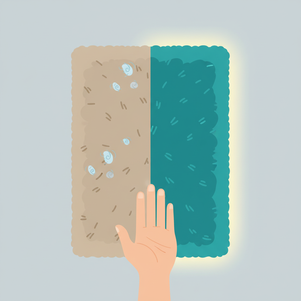 A clean, flat illustration depicting a carpet divided into two distinct halves. The left half showcases a dull, slightly discolored carpet with subtle, abstract representations of dust particles and microscopic allergens symbolically floating above its fibers. The right half dramatically displays a vibrant, plush, and visibly clean carpet, emanating a fresh, bright aura. A gentle, stylized hand reaches into the frame from the bottom, hovering over the invitingly clean side, emphasizing its pristine texture. The background is simple and uncluttered, focusing entirely on the carpet's significant transformation and the contrast between dirty and clean.