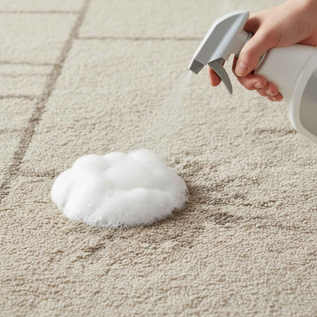 A professional photo-style illustration focusing on a detailed close-up of a section of a household carpet. A generic, modern spray bottle, held by an unidentifiable hand, is actively dispensing a cleaning agent onto a subtle, abstract stain or soiled patch on the carpet. The liquid immediately transforms into a soft, white foam as it makes contact with the fibers, visually demonstrating its action. The carpet fibers appear realistic and textured, highlighting the product's immediate impact on the soiled area. The scene is bright and well-lit, conveying effectiveness and ease of use in carpet cleaning.