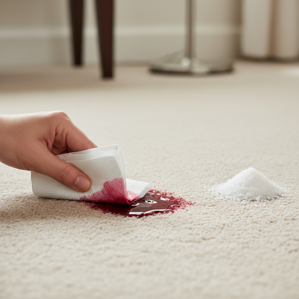A close-up professional photo of a hand quickly dabbing a fresh, vibrant red wine spill on a light-colored, plush carpet. The hand uses a clean white cloth or paper towel, emphasizing the immediate absorption of the liquid. Next to the actively managed spill, a small, neat pile of white salt is visible, suggesting the next step in quick stain removal. The background is slightly blurred, keeping the focus entirely on the efficient cleaning action. The lighting is bright and natural, highlighting the texture of the carpet and the effectiveness of the quick response.