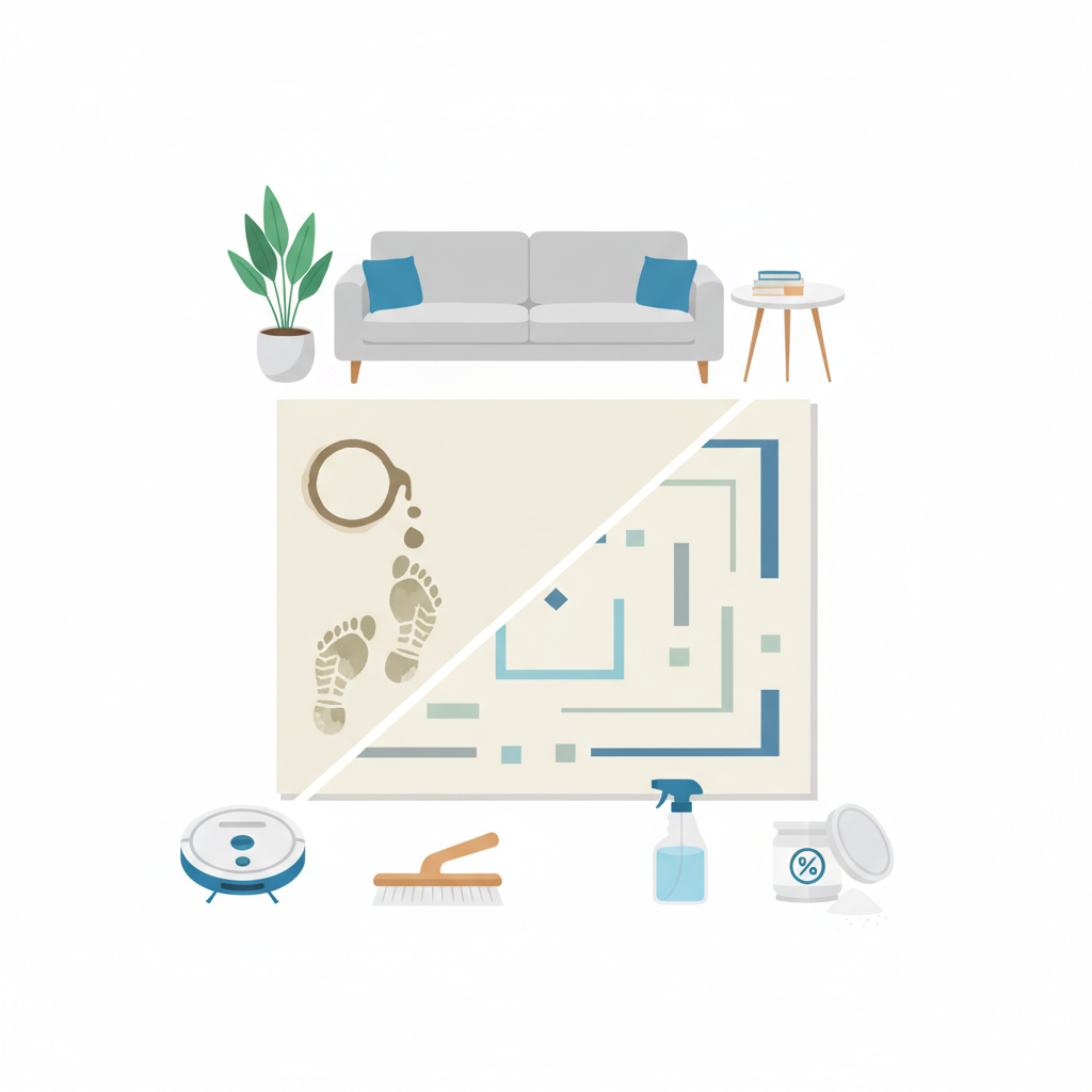 A vibrant flat illustration in an infographic style, depicting a modern area rug in a clean living room setting. The rug is visually divided: one half is impeccably clean, bright, and fresh, symbolizing the goal of the article. The other half features a couple of distinct, stylized common stains, such as a subtle coffee ring and a faint muddy footprint, representing the challenges. Around the stained area, generic cleaning tools like a sleek vacuum cleaner, a spray bottle, a soft brush, and a small container of baking soda are artfully arranged, suggesting active cleaning solutions and transformation.