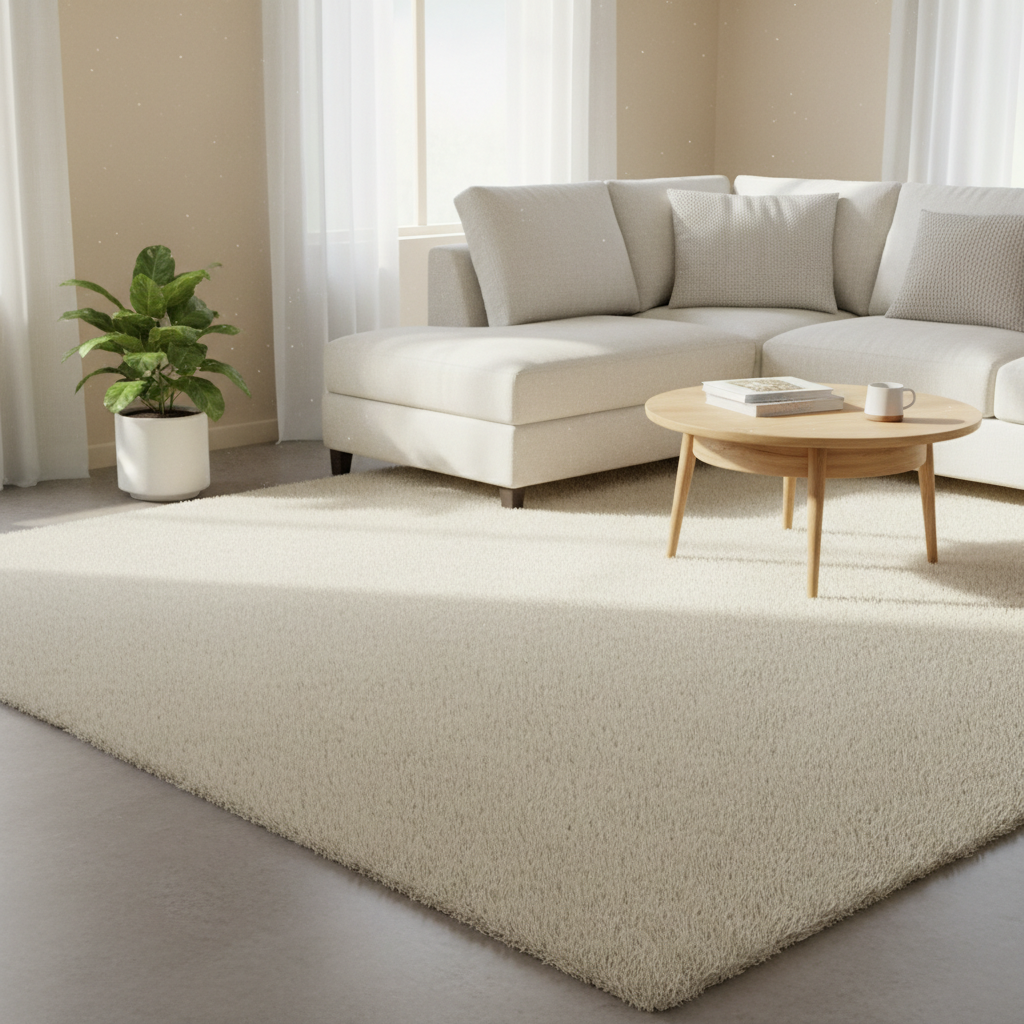 A cozy and bright living room scene, bathed in soft, natural light. The central focus is a plush, impeccably clean, light-beige carpet that looks incredibly soft and inviting, free of any visible dirt or stains. A small, healthy green houseplant in a minimalist pot sits on the floor near the edge of the carpet, enhancing the fresh atmosphere. The overall feeling is one of warmth, comfort, and pristine home cleanliness. Professional photo, slightly elevated angle, vibrant and natural colors.