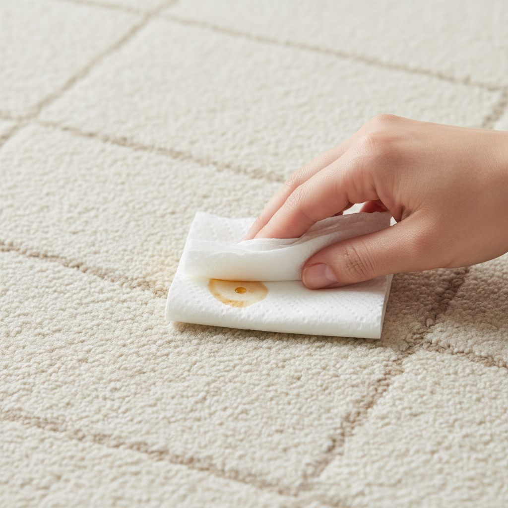 A close-up, top-down shot of a clean, light-colored carpet, where a human hand is gently dabbing a fresh, small liquid spill (like a few drops of coffee or juice) with a clean, white cloth or paper towel. The action emphasizes blotting, not rubbing. The carpet fibers are clearly visible, and the spill is small, indicating immediate action. The background is subtly blurred, focusing entirely on the hand and the stain removal process. Realistic photography, natural light, crisp detail on the carpet and cloth.