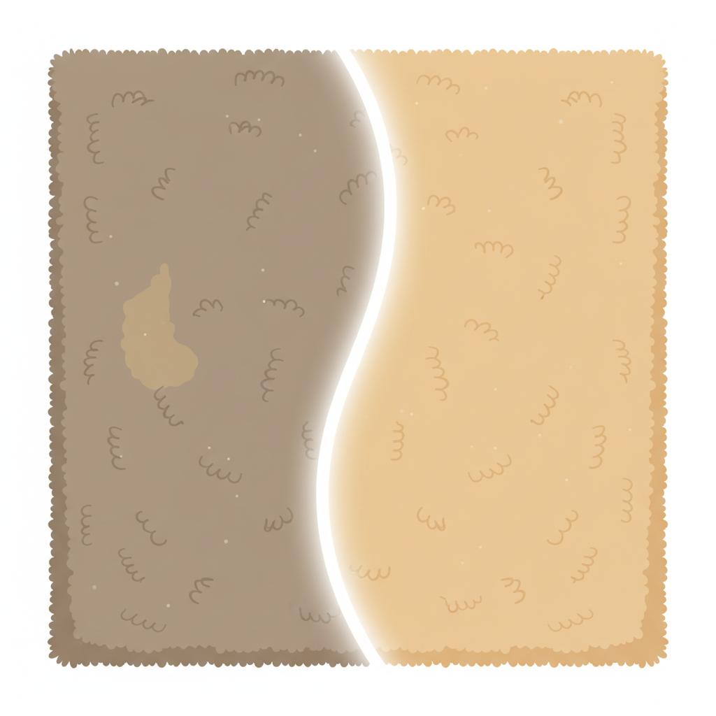 A split image illustration of a carpeted floor. On the left side, the carpet appears dull, with subtle dust particles and a faint, dried stain, suggesting wear and neglect. On the right side, the same carpet section is vibrant, plush, and impeccably clean, as if freshly restored to its original luster. A soft, clean line visually divides the 'before' and 'after' states, highlighting the significant transformation from dirty to sparkling clean. The overall impression should be fresh and inviting, emphasizing the positive outcome of effective carpet cleaning. Flat illustration style with a modern, clean aesthetic.