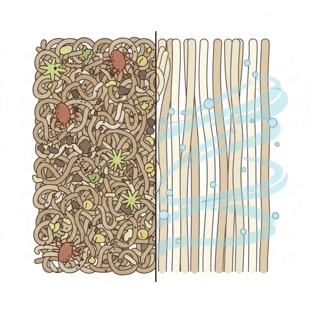 A detailed infographic-style illustration depicting a microscopic cross-section view of carpet fibers. On the left side, the plush fibers are tangled and intertwined with tiny, abstract representations of dust mites, pollen particles, and minute specks of dirt, visually communicating a dirty environment. On the right side, the same carpet fibers appear pristine, clearly separated, and free from any contaminants, with a subtle aura of freshness or circulating clean air. The image should visually communicate the health and hygiene benefits of cleaning, emphasizing the removal of hidden allergens and dirt. Clean lines and a scientific yet approachable aesthetic.