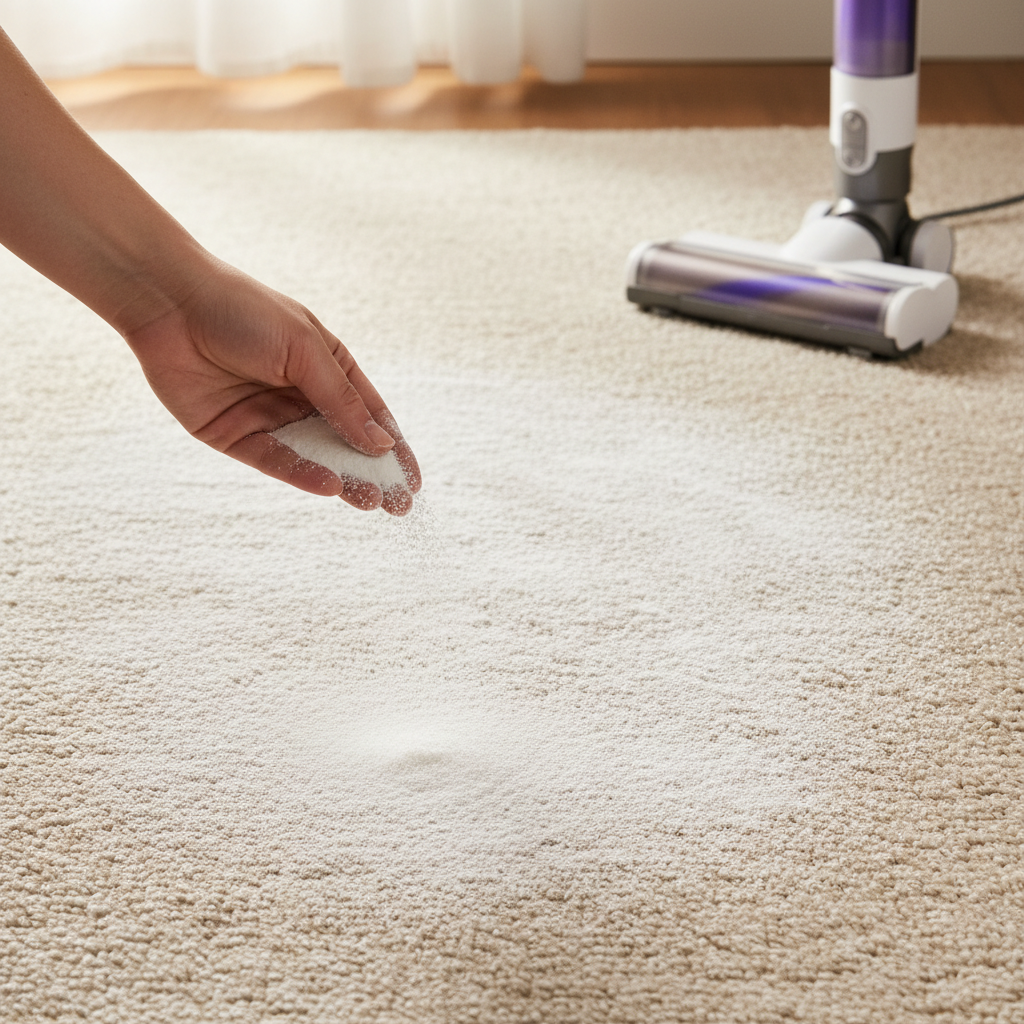 A top-down or slightly angled view of a section of a beige or light-colored carpet. A hand, gently out of focus, is in the act of sprinkling white baking soda powder evenly over the carpet surface. Some baking soda is already spread out, creating a slight white dusting effect. In the background or partially visible, a modern, sleek vacuum cleaner sits, ready for use. The overall scene should convey cleanliness, simplicity, and effectiveness, with soft lighting and a warm, inviting atmosphere. Professional photo style.
