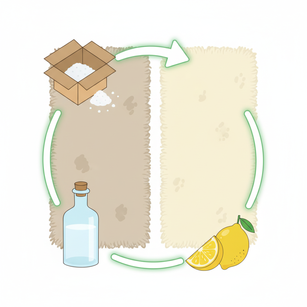 A vibrant, clean flat illustration depicting a conceptual transformation of a carpet. On one side, a small section of a slightly dull or subtly stained carpet is visible. An arrow or visual flow leads to a much brighter, fresher, and visually clean carpet section on the other side. Arranged around the 'transformation' are stylized representations of natural cleaning agents: a small open box of baking soda, a simple bottle of clear vinegar, and a lemon slice. The color palette should be fresh and inviting, emphasizing natural solutions.