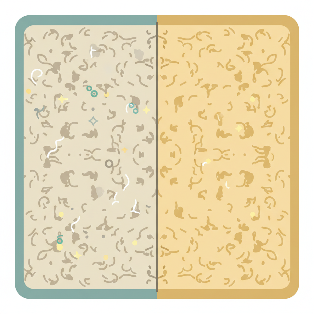 A modern, clean flat illustration with a soft color palette depicting a split view of a carpet. On the left side, the carpet fibers appear dull, with subtle grey dust particles, pet hair, and microscopic allergen symbols (tiny abstract spheres or stars) embedded within. On the right side, the same carpet section is vibrant, clean, and fresh, with all visible impurities gone, representing improved hygiene and air quality.