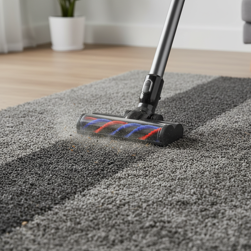 A high-quality, realistic stock photo-style image from a slightly elevated perspective, showcasing a modern vacuum cleaner's brush roll actively cleaning a plush, grey carpet. The brush roll is clearly visible, with a subtle motion blur indicating movement, effectively lifting tiny dust particles and pet hair from the carpet fibers. A distinct, clean path is visible behind the vacuum, contrasting with the slightly less clean area ahead.