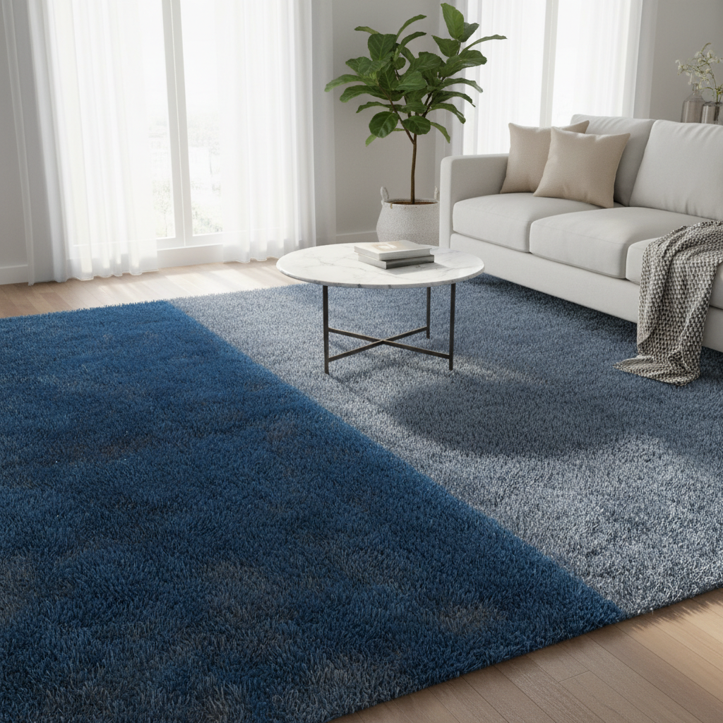 A professional, bright photo of a luxurious, plush carpet in a modern living room setting. One side of the carpet radiates a vibrant, fresh appearance, contrasting subtly with a slightly duller, 'before' section, symbolizing transformation. Sunlight streams through a window, illuminating the soft texture and rich color of the revitalized fibers. The overall atmosphere should be clean, inviting, and emphasize the comfort and aesthetics of a well-maintained home.