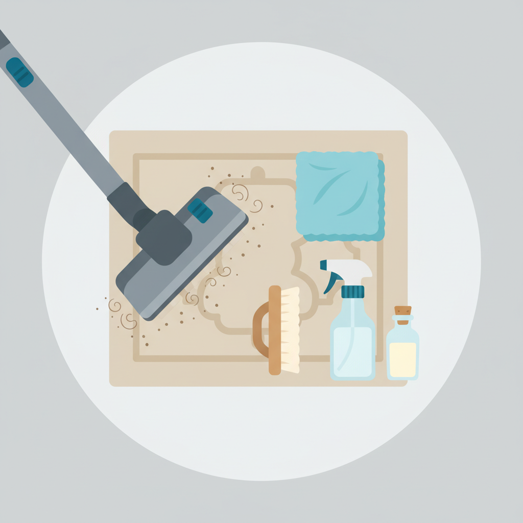 A detailed flat illustration depicting a close-up, top-down view of a carpet cleaning preparation scene. A modern vacuum cleaner nozzle is actively shown on one side, lifting dust particles from the carpet fibers. Neatly arranged next to it are essential cleaning tools: a soft-bristled brush, a clean folded microfiber cloth, a generic spray bottle, and a small, unlabeled bottle representing a cleaning solution. The style should be clean, organized, and informative, with a soft color palette.