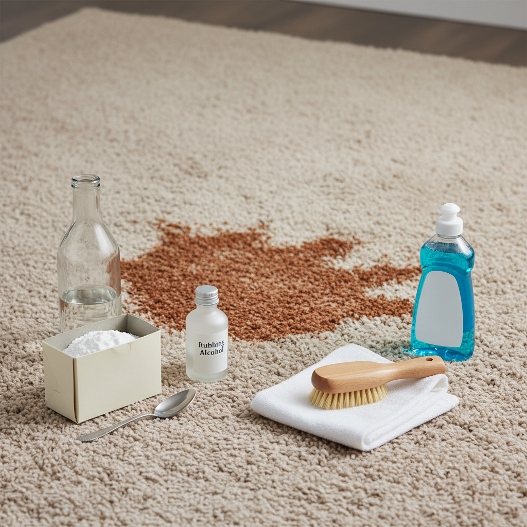 A professional, well-lit still-life photograph capturing the essence of effective carpet stain removal. In the foreground, a plush, clean carpet transitions subtly into a section with a prominent, visually distinct stain, perhaps a reddish-brown coffee spill. Neatly arranged around the stained area are various generic household cleaning items: a bottle of white vinegar, an open box of baking soda with a spoon, a small bottle of rubbing alcohol, and a generic bottle of dish soap. A clean, absorbent white cloth and a gentle scrubbing brush are also present, suggesting the tools for the job. The overall image should convey cleanliness, effectiveness, and the readily available nature of these remedies.