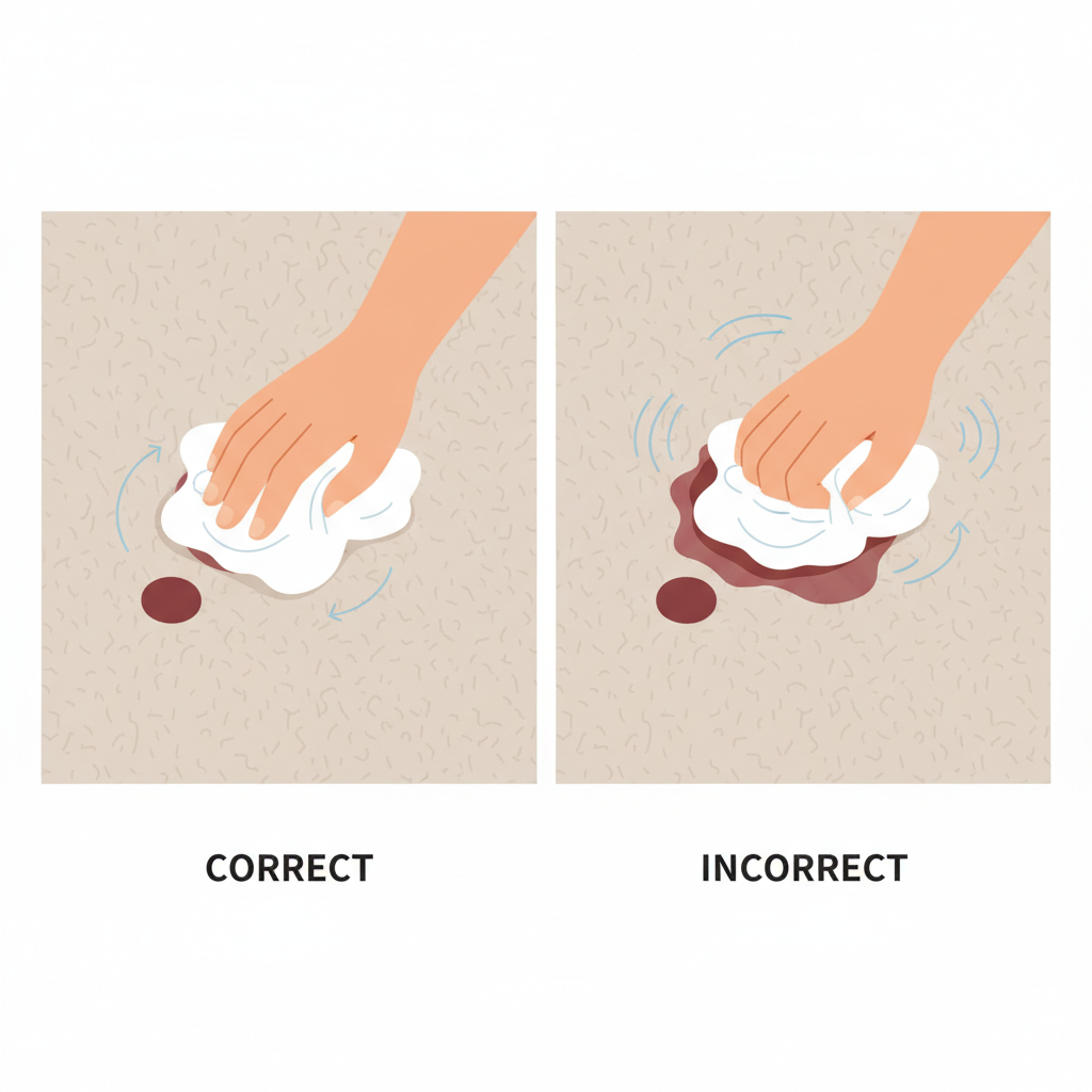 A clear, educational flat illustration or infographic-style image demonstrating proper carpet stain removal technique. The scene is divided into two distinct vertical panels. The left panel, representing the 'correct' method, shows a human hand gently dabbing a small, dark stain on a neutral-colored carpet with a clean, white microfibre cloth, moving in a careful, upward motion from the outer edge inwards. The right panel, representing the 'incorrect' method, depicts a hand vigorously rubbing the same type of stain, causing it to appear spread out and potentially pushed deeper into the carpet fibers. The visual contrast between gentle dabbing and aggressive rubbing should be immediately apparent.