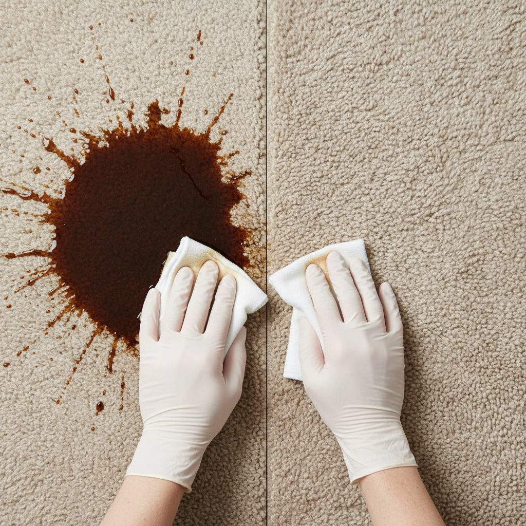 A high-angle professional photo capturing a close-up scene on a plush, light-colored carpet. The image should be split visually, depicting a 'before and after' effect. On one side, a dark, fresh coffee stain is prominent on the carpet fibers. On the other side, the same area of the carpet is impeccably clean and vibrant, showing no trace of the stain. In the transitional middle, a pair of hands wearing clean, subtle gloves is gently dabbing the remaining edge of the stain with a crisp white cloth, illustrating the 'tupfen, nicht reiben' technique. The lighting is bright and even, highlighting the texture of the carpet and the effectiveness of the cleaning.