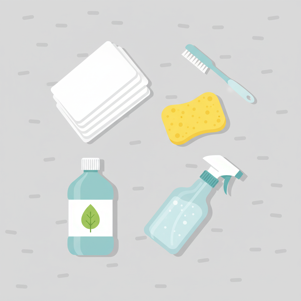 A vibrant flat illustration from a top-down perspective, showcasing an organized array of essential carpet cleaning tools. The scene is set against a clean, neutral background, possibly a subtle, light-grey carpet texture. Clearly visible are a stack of folded, clean white cloths, a small, soft-bristled brush (like a toothbrush), a yellow rectangular sponge, a transparent spray bottle filled with clear liquid, and a simple bottle of dish soap. The items are arranged aesthetically, suggesting readiness and organization for effective stain removal. The style should be clean, modern, and inviting, using soft, friendly colors.