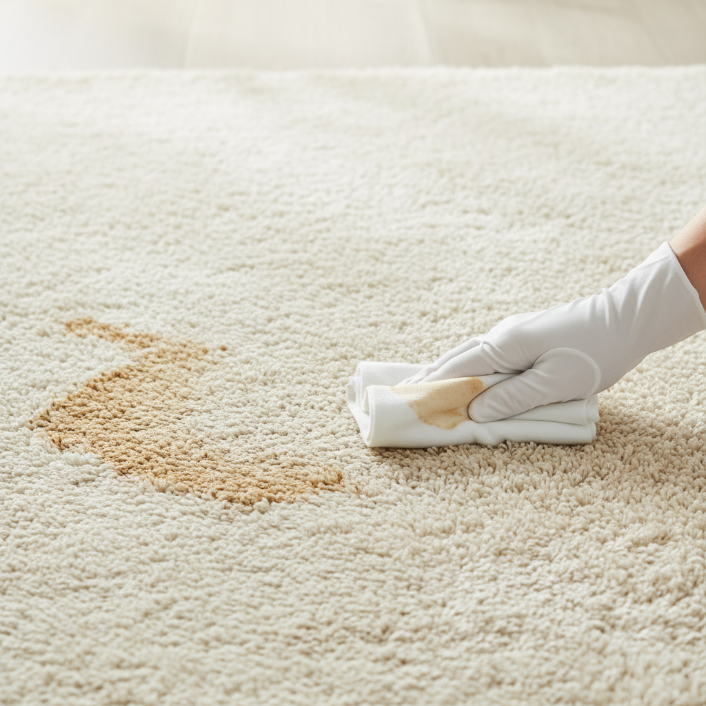 A professional, clean photo showing a plush, light-colored carpet. On one side, a noticeable fresh coffee stain spreads. On the other side, a human hand, wearing a clean white glove, gently dabs the remaining residue of the same stain with a crisp, white absorbent cloth, showing the stain significantly lighter and almost gone. The overall impression is one of successful cleaning and restoration. The lighting is soft and even, highlighting the texture of the carpet and the cleanliness of the cleaning process.