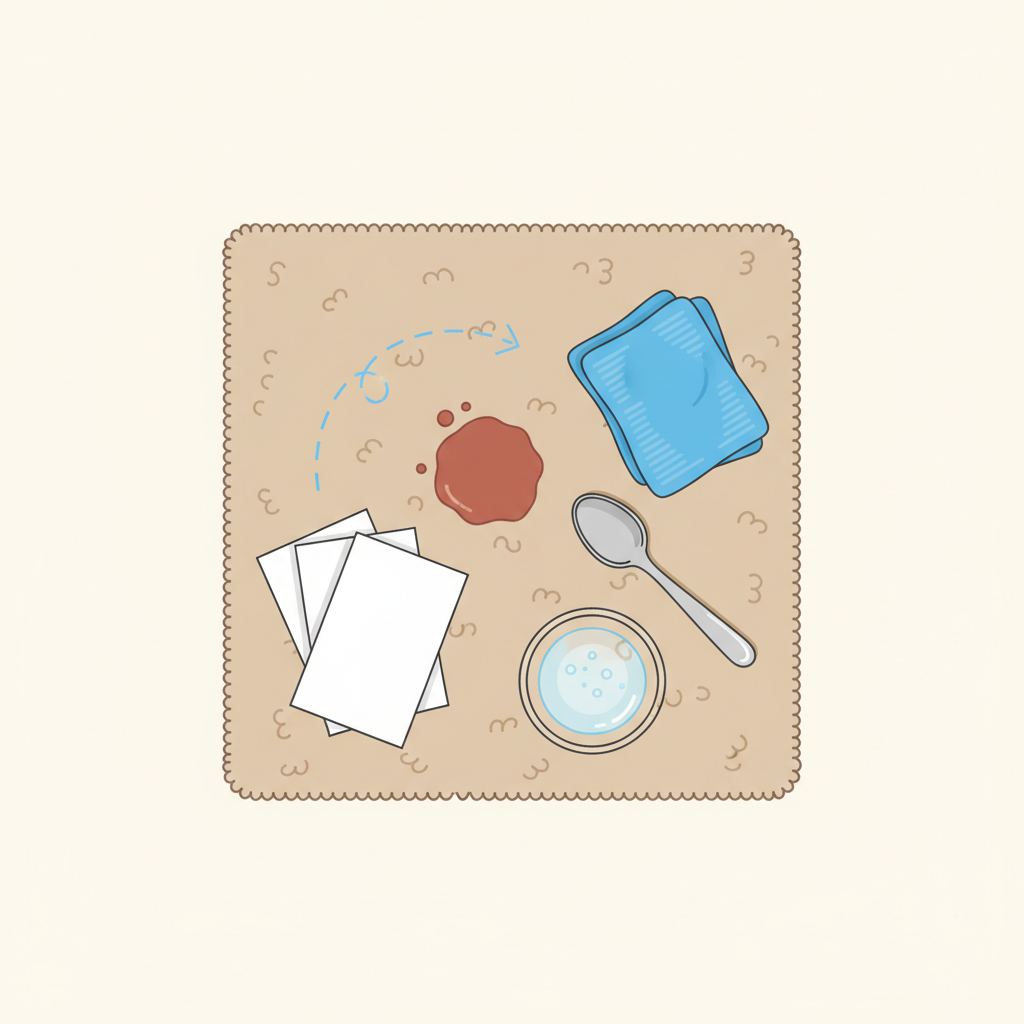 A vibrant, detailed flat illustration from a top-down perspective, showcasing the initial steps of carpet stain removal. A segment of a beige or grey carpet features a small, undefined liquid stain. Around it, essential items are neatly arranged: a stack of clean white paper towels, a folded microfibre cloth, a spoon with a rounded edge, and a small glass bowl containing a clear liquid solution, symbolizing a mild cleaner. A faint, stylized arrow or line subtly indicates the progression from absorbing to scraping, emphasizing gentle action. The background is simple and uncluttered.