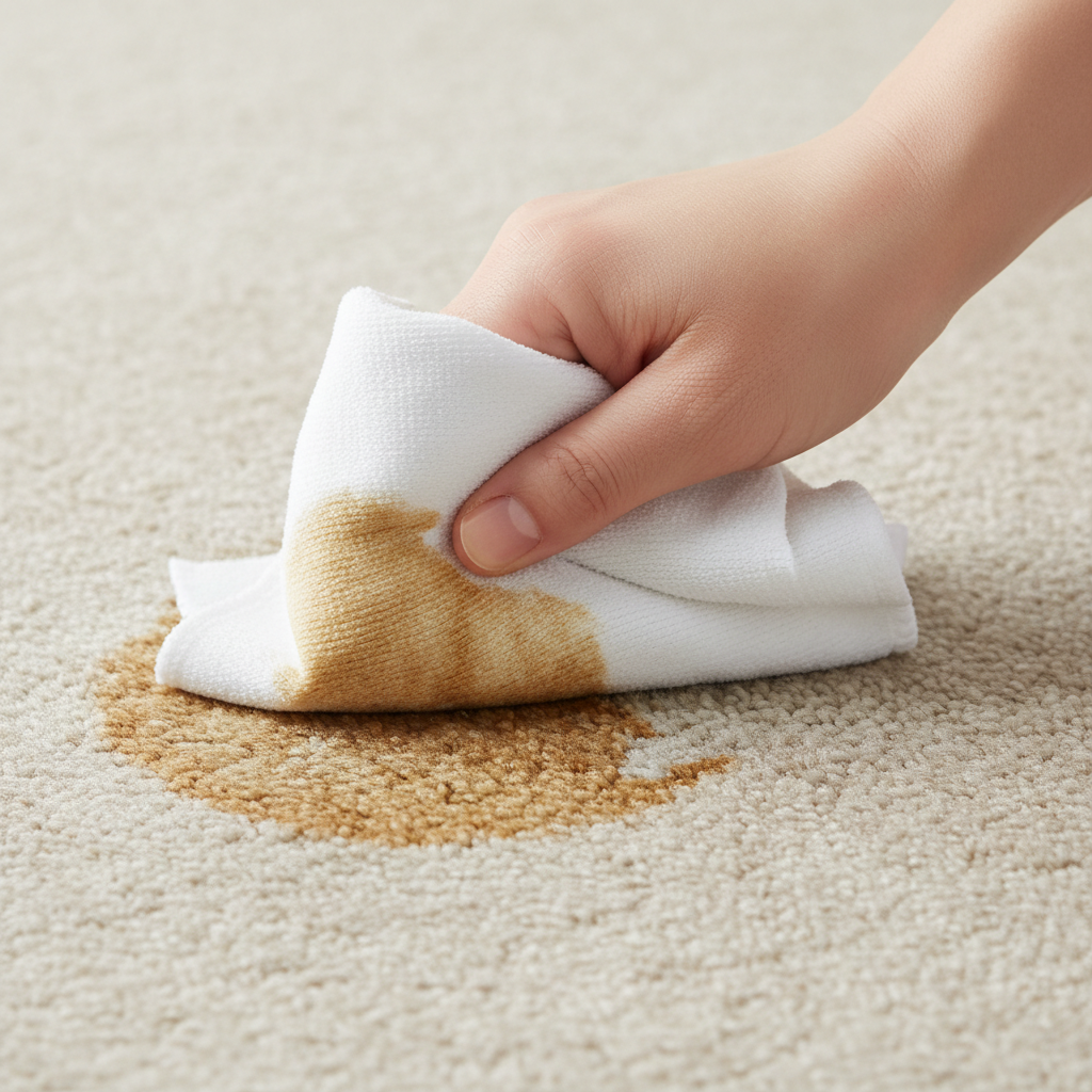 A high-quality, close-up professional photo or photorealistic illustration capturing a crucial moment of stain removal. A clean, pristine white microfiber cloth or paper towel is gently pressed down onto a fresh, dark liquid spill (e.g., coffee or juice) on a textured, light-colored carpet. The focus is on the absorption process, showing the liquid wicking into the cloth. The hand holding the cloth is visible, carefully dabbing without rubbing, illustrating the 'outside to inside' technique. The scene emphasizes immediate, gentle action, highlighting the importance of blotting quickly.