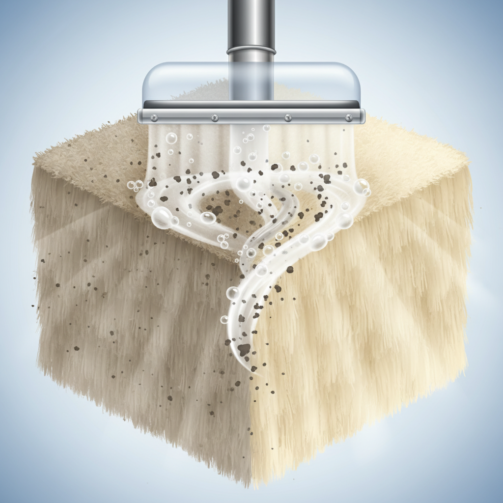 A detailed illustration depicting a cross-section of a carpet undergoing professional deep cleaning. A specialized carpet cleaning machine nozzle hovers above the fibers. Below, within the carpet's layers, dark, symbolic dirt particles and allergens are visibly being extracted upwards by a stream of water/solution, leaving the lower fibers pristine and bright. The surrounding carpet should show a clear difference between the cleaned and uncleaned areas. Style: Detailed infographic illustration with a clean, semi-realistic render of the machine and a symbolic depiction of dirt removal.