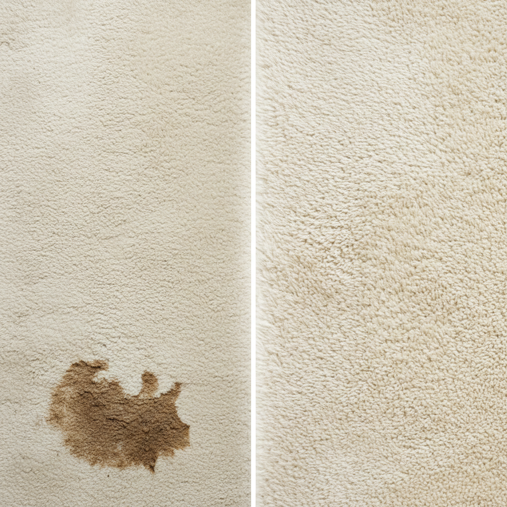 A visually striking split image or 'before and after' comparison of a domestic carpet. On the left (or 'before' side), a section of a light-colored, shaggy carpet appears dull, matted, and shows a noticeable, dried spill stain (e.g., coffee or mud). The fibers look flat and dusty. On the right (or 'after' side), the same carpet section is vibrant, plush, and spotless, with clearly lifted fibers that show depth and cleanliness. The transition should be seamless, conveying a dramatic improvement. Style: High-quality, professional studio photograph with excellent lighting and focus, emphasizing texture and color.