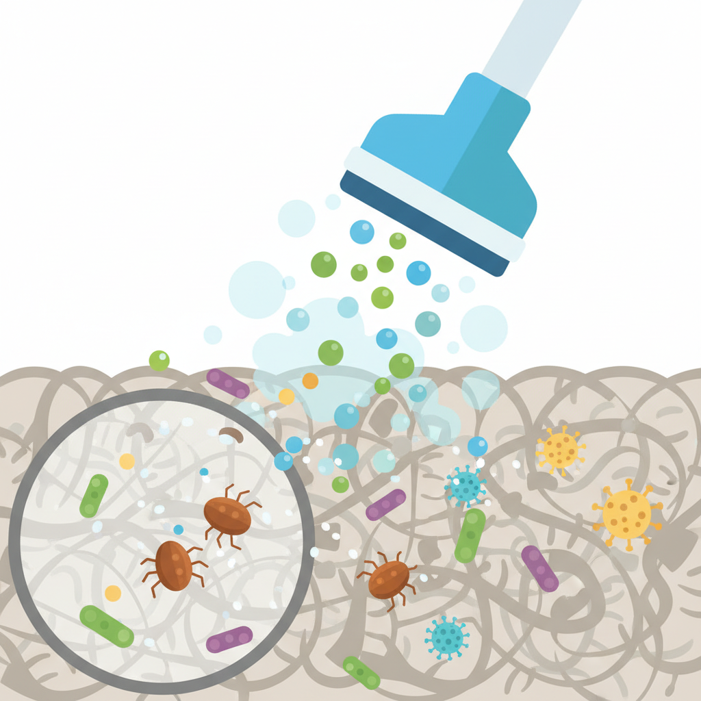 A detailed infographic-style illustration showcasing the invisible aspects of carpet cleaning. The foreground features a close-up, cross-section view of carpet fibers, with various microscopic elements like dust mites, bacteria, and pollen particles nestled within them. An abstract hand or cleaning tool is shown applying a cleaning product (represented as tiny, active bubbles or liquid droplets) into the fibers. These cleaning agents are actively encapsulating or dissolving the microscopic contaminants. The background is clean and bright. Style: Modern, clean flat illustration with subtle texture for the carpet, using a vibrant color palette and clear visual separation of elements.