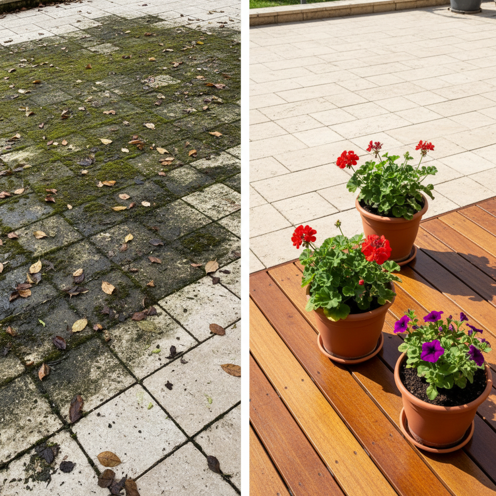 A visually striking split image depicting a 'before and after' transformation of a residential terrace. The 'before' side, covering the left half, shows a neglected terrace surface, heavily covered with green moss, dark algae patches, accumulated dirt, and fallen leaves. The 'after' side, on the right, reveals a sparkling clean, bright, and inviting terrace with pristine stone pavers and rich, clean wooden deck planks. Sunlight bathes the 'after' side, highlighting its renewed beauty, with a few vibrant potted plants enhancing the inviting atmosphere. Professional photo style, with crisp details and a clear contrast between the two states.