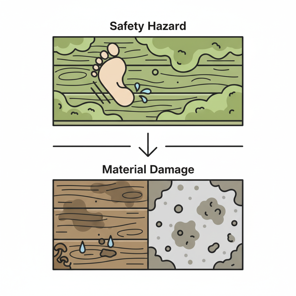 A detailed infographic-style illustration conceptualizing the reasons for regular terrace cleaning. The image features a stylized terrace surface (a mix of wood grain and stone texture) divided into thematic sections. One section illustrates a slippery hazard, with green moss and algae forming a slick layer, indicated by a subtle, almost-slipping footprint. Another section shows close-up material damage: water trapped under debris causing subtle discoloration or early signs of rot on wood planks, and dirt embedding into stone pores causing faint stains or erosion. The overall composition clearly communicates the negative impacts of an uncleaned terrace on safety and material integrity. Flat illustration style with clean lines and distinct visual separation of concepts.