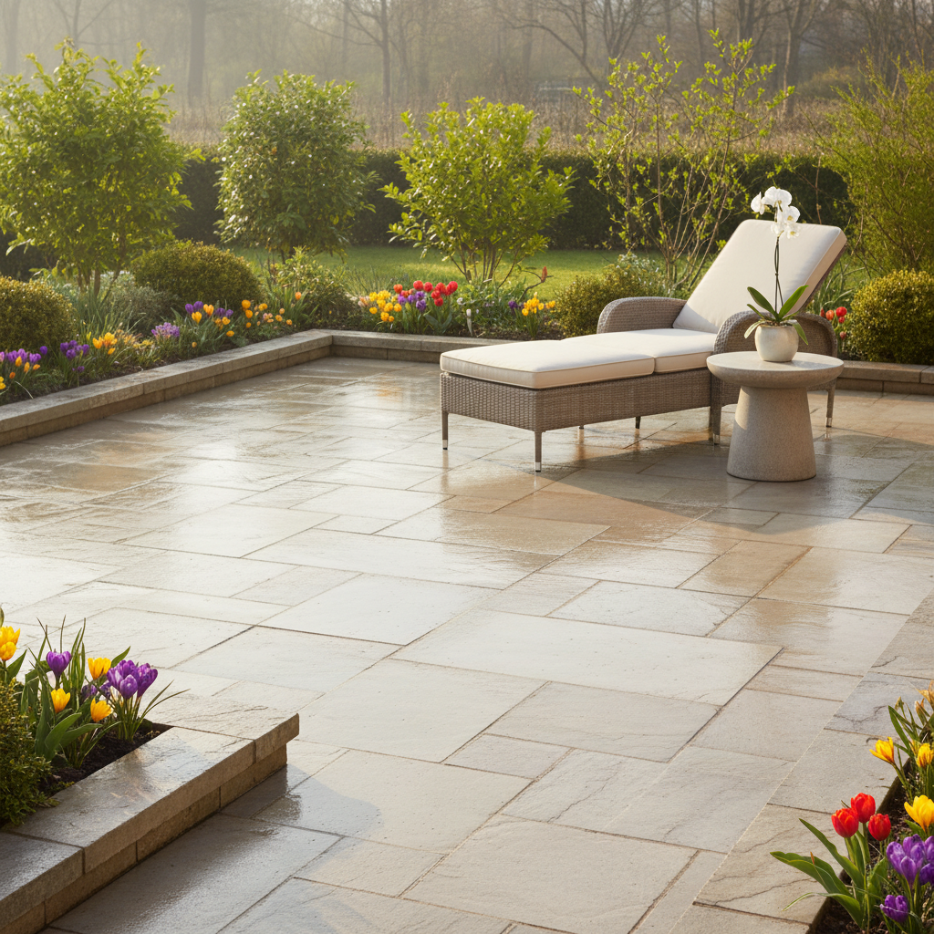 A professional, high-quality photograph showcasing an immaculately clean and inviting terrace made of elegant stone pavers. The scene is bathed in gentle, warm morning sunlight, casting soft shadows. In the background, subtle hints of an awakening spring garden are visible, with vibrant green leaves just unfurling on shrubs and a few delicate, colorful spring flowers (like crocuses or early tulips) blooming along the edges. The overall atmosphere is fresh, serene, and perfectly prepared for enjoyment, embodying the ideal outcome of timely spring cleaning.