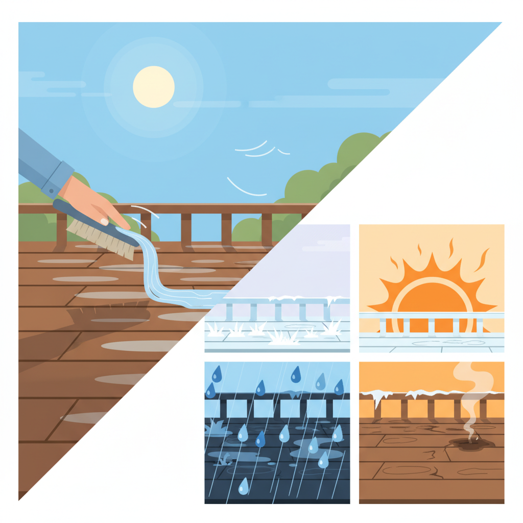 An artistic flat illustration depicting a terrace undergoing cleaning under contrasting weather conditions. On one side, a section of the terrace is shown under a clear sky with mild sunshine and a light breeze, with a person's hand gently using a soft brush and a water stream, illustrating ideal cleaning conditions. The other side presents three smaller distinct panels over another section of the terrace, showing visual representations of extreme weather: heavy rain with large drops and puddles, harsh frost with ice crystals forming on surfaces, and intense, direct midday sun causing rapid drying, highlighting unsuitable cleaning times.