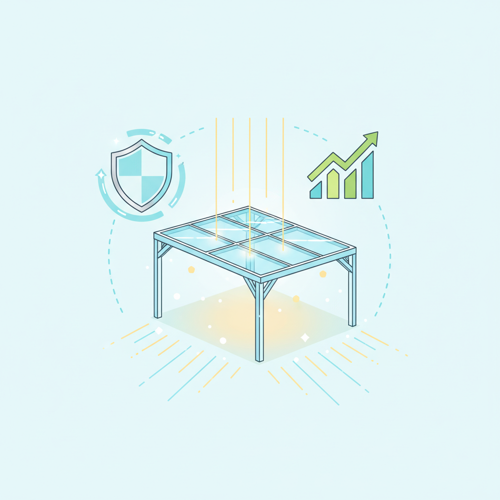 A modern, clean geometric illustration showcasing the benefits of a well-maintained patio roof. The central element is a minimalist, transparent patio roof structure, illuminated from above by bright, stylized sun rays. Around this central roof, abstract visual icons represent key advantages: a shimmering protective shield symbolizing defense against elements, upward-pointing arrows or a stylized graph representing increased property value, and enhanced, sparkling light rays passing through the roof, indicating optimal light transmission. The color palette should be fresh and inviting, with a focus on light blues, greens, and yellows.
