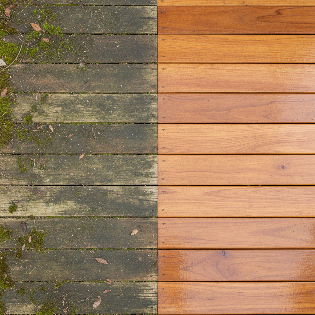 A professional, high-angle photo of a beautiful wooden deck, split into two distinct halves. The left side shows a neglected section with visible green moss, greyed wood, and scattered dirt, indicating wear from weather and time. The right side showcases the same deck section after cleaning, revealing warm, vibrant wood tones, smooth texture, and a radiant, well-maintained appearance, inviting relaxation. The transition between the dirty and clean parts should be sharp and visually impactful, highlighting the transformative effect of cleaning.