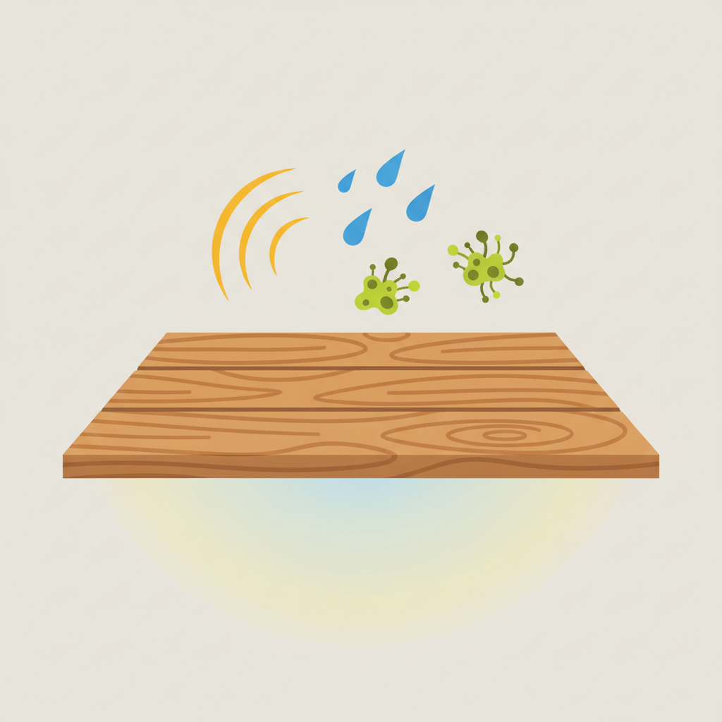 A clean, modern flat illustration depicting a stylized wooden deck plank as the central focus. Above the plank, subtle visual representations of environmental factors like bright sun rays (UV), falling raindrops, and small green moss/algae elements are shown impacting the wood. Below the plank, a symbolic 'clean' effect, perhaps gentle light emanating from the wood or a smooth, pristine surface, conveys protection and rejuvenation. The overall style should be infographic-like, using a limited color palette of natural wood tones, greens, blues, and warm yellows, emphasizing the causes of damage and the benefits of cleaning.