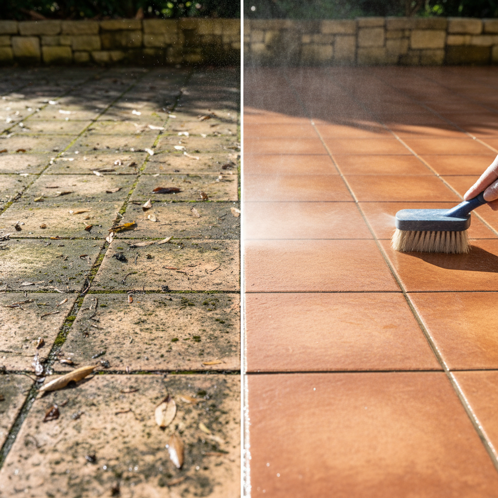 A professional, high-contrast photo capturing a patio area. The image is split, showcasing a dramatic before-and-after effect on ceramic patio tiles. On the left, the tiles appear dull, stained, and partially covered with moss, algae, and scattered leaves, indicating neglect. On the right, the same tiles gleam, perfectly clean, vibrant, and well-maintained, reflecting sunlight beautifully. A subtle hint of cleaning activity, such as a hand holding a soft brush or a spray nozzle, is visible near the transition line, emphasizing the cleaning process. The scene evokes a sense of rejuvenation and inviting outdoor space.