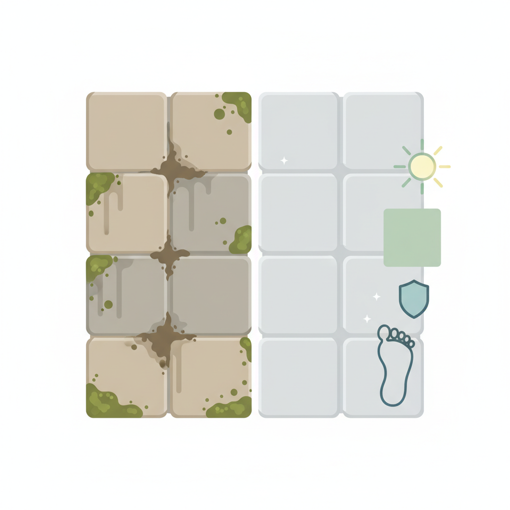 A clean, modern flat illustration depicting the dual state of patio tiles and the benefits of cleaning. On the left side, a section of abstractly rendered patio tiles appears visibly dirty, with subtle visual cues of green moss, dark algal spots, and smudges of soil, conveying neglect and slipperiness. On the right, the corresponding section of tiles is bright, spotless, and subtly sparkling. Surrounding the clean tiles, abstract, simplified icons or graphic elements visually represent key benefits: a secure foot for safety, a durable, pristine tile for longevity, and a sunbeam for enhanced aesthetic appeal, all in a soft color palette.