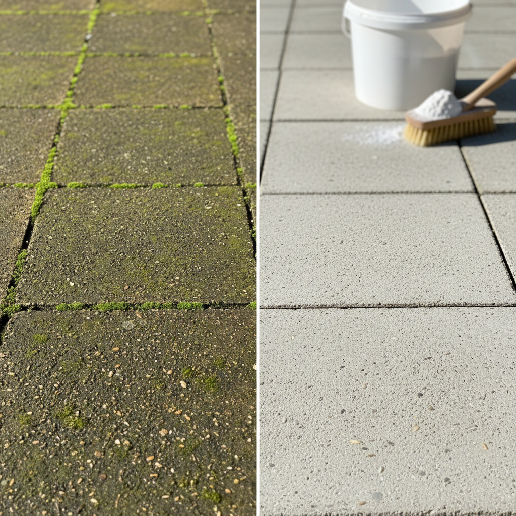 A clear, dynamic split image showcasing the dramatic 'before and after' effect of cleaning patio slabs. On the left side, a section of concrete patio slabs is heavily covered with green algae, moss, and dark dirt, appearing dull and neglected. On the right side, the exact same type of slab is sparkling clean, its original light grey color vibrant, suggesting a fresh, well-maintained look. The transition between the two states should be distinct and visually impactful. A bucket with white powder and a scrubbing brush are subtly visible in the soft-focus background. Professional photo style, bright and inviting.